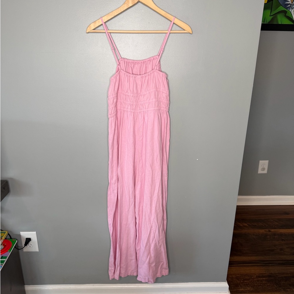 NWT Old Navy Linen Blend Gathered Smocked Sleeveless Baby Pink Jumpsuit - Picture 3 of 13